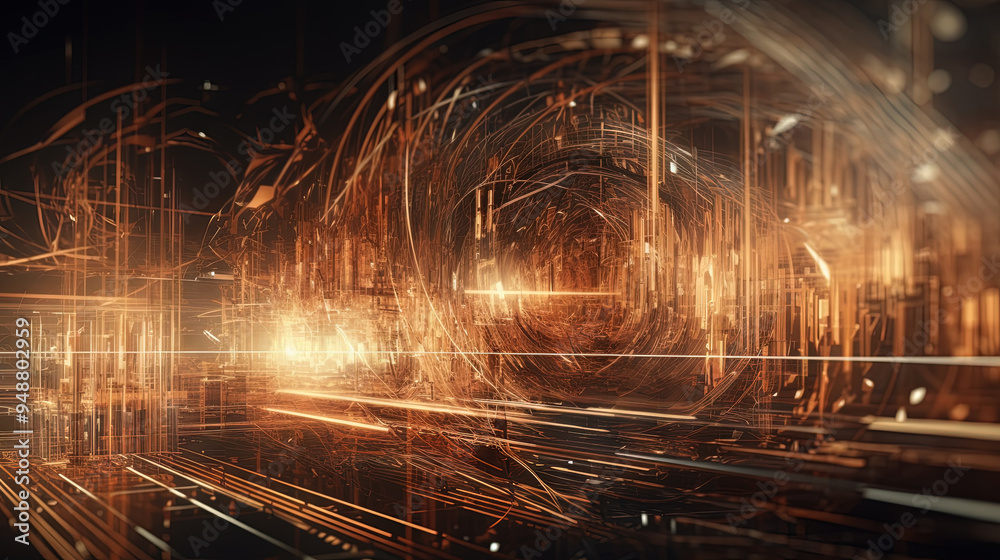 Poster Abstract burst of wires and particles on technology background. Scientific abstraction with mess of microscopic connections.