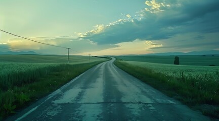 Serene Landscape Featuring a Lush Green Field and long Curving Country Road