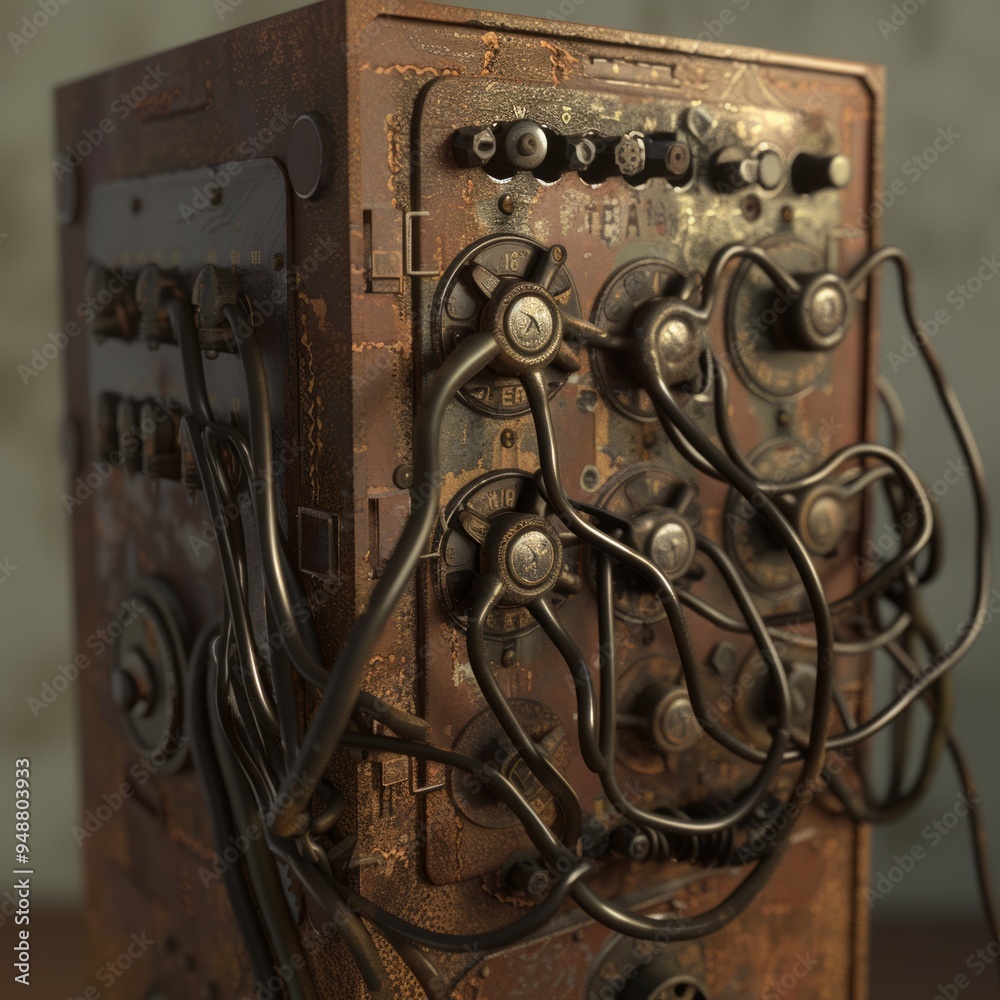 Poster Close-up of an old, rusty, and weathered metal box with knobs, wires, and switches.