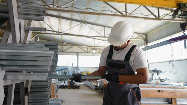 Indian factory worker checks the metal profile