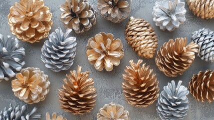 glamorous holiday decor, pine cones painted in gold and silver, nestled on textured craft paper, bringing shimmer and glamour to the christmas decor