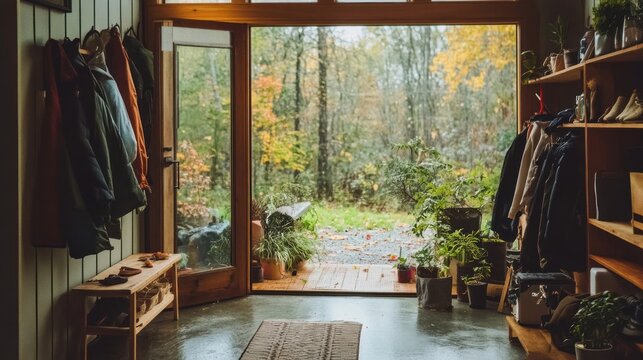 Wooden door with a view of a rainy forest.