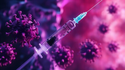 syringe filled with liquid and surrounded by purple colored virus cells, vaccination concept