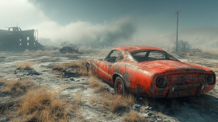 A Rusty Red Car in a Desolate Landscape