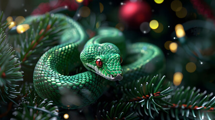 Fototapeta premium Beautiful colorful festive Christmas background in the year of the snake. AI Generated