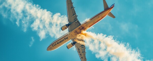 A plane performs aerial acrobatics, trailing smoke to spell 'Civil Aviation Day' in the sky