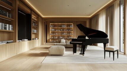 Modern living room with grand piano and bookshelf.