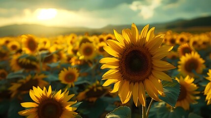 Fototapeta premium A field of yellow sunflowers with a single sunflower in the foreground
