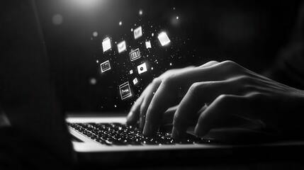 Hands Typing on Laptop with Floating Virtual Real Estate Cards in Noir Realism Style