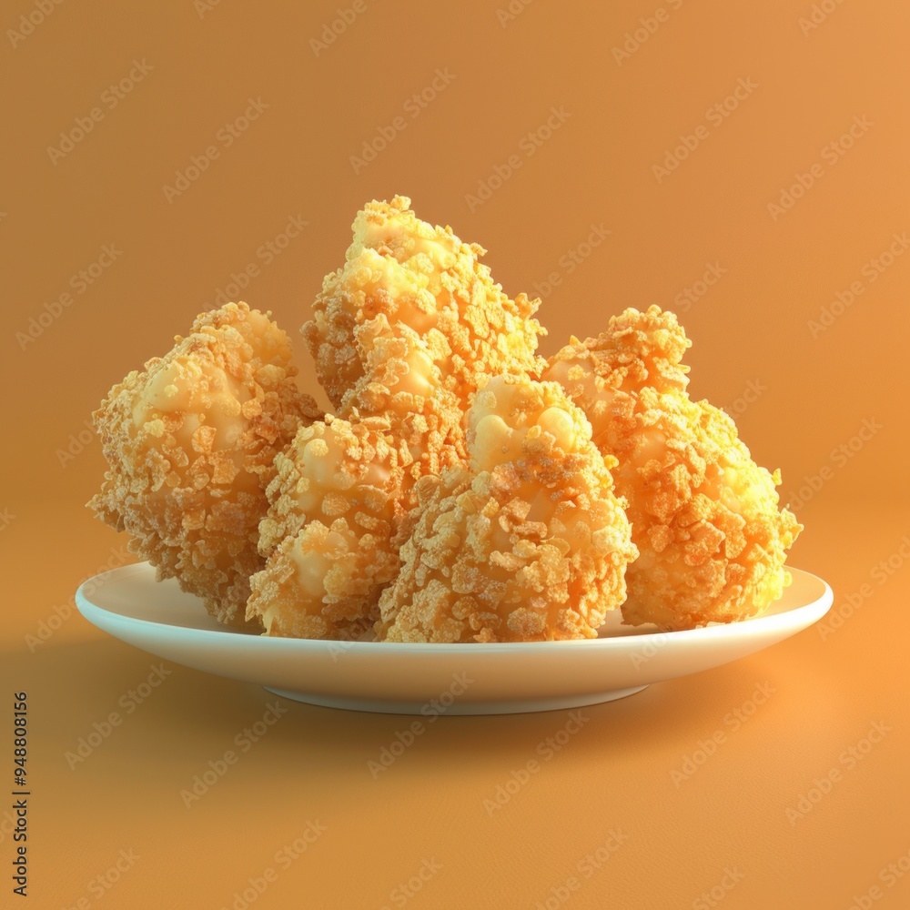 Sticker Close-up of crispy breaded chicken nuggets on a white plate against a yellow background.