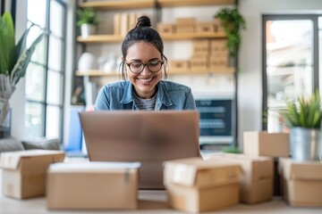 An e-commerce entrepreneur managing an online store and fulfilling orders using e-commerce platforms and shipping software