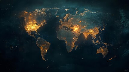 World map with illuminated cities highlighting global connectivity and urbanization against a dark background.