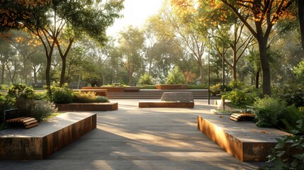 Fototapeta premium A park with a stone bench and a stone wall