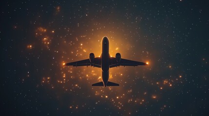 Naklejka premium An airplane with illuminated lights flies through a starry night sky, creating a stunning view