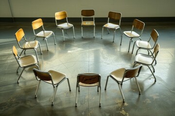 A classroom arranged for a group discussion, with chairs in a circle