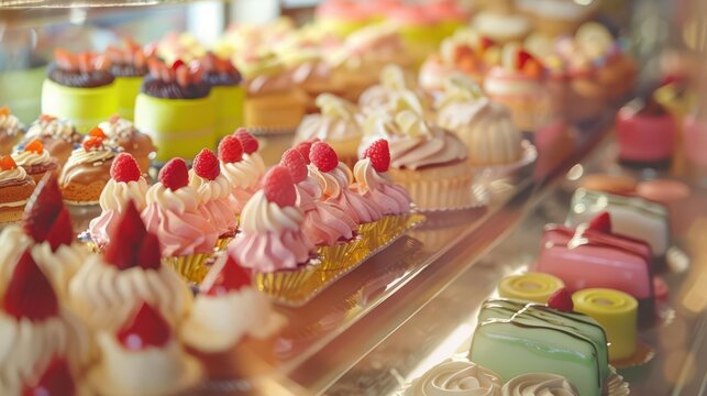 patisserie paradise artfully arranged display of colorful intricate petit fours and miniature cakes soft focus background highlights exquisite pastry craftsmanship
