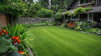 perfectly manicured emerald green lawn with crisp mowing lines bordered by colorful flower beds and a rustic wooden fence