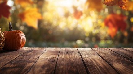 Autumn Display Background for Advertisement Featuring Dark Wooden Table Covered with Yellow Leaves and Pumpkins, Seasonal and Rustic Design