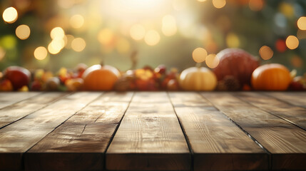 Autumn Display Background for Advertisement Featuring Dark Wooden Table Covered with Yellow Leaves and Pumpkins, Seasonal and Rustic Design