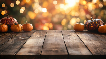 Autumn Display Background for Advertisement Featuring Dark Wooden Table Covered with Yellow Leaves and Pumpkins, Seasonal and Rustic Design
