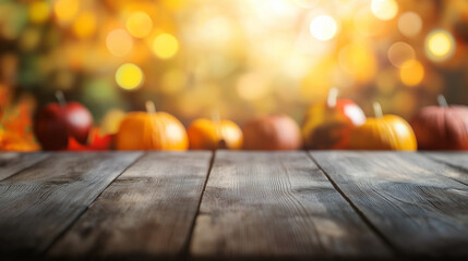 Autumn Display Background for Advertisement Featuring Dark Wooden Table Covered with Yellow Leaves and Pumpkins, Seasonal and Rustic Design