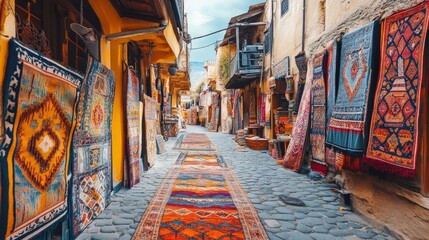 Fototapeta premium Colorful handmade carpets on street in morocco in old tbilisi bazaar in georgia