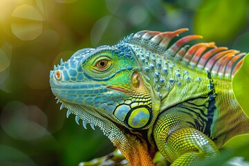 Fototapeta premium close up brightly colored iguana with striking scale patterns and vivid hues, tropical jungle setting with a backdrop of rich greenery, soft, diffused sun creating gentle