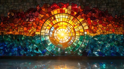 A colorful stained glass window with a sun in the center