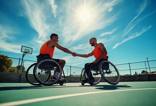 Parathletes in wheelchair shaking hands, basketball game outdoor under cirrus clouds. Players sharing passion and fun. Friendship,camaraderie, fairplay and motivation concepts.