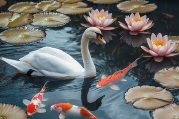 A Swan, Koi Fish, and Water Lilies in a Pond