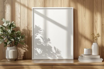 Poster Frame Mockup on Wooden Interior Background created with Generative AI