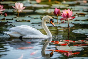White Swan in a Pond with Pink Water Lilies and Koi Fish