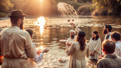 Jewish Group Engaged in Tashlich Ritual by the River at Sunset During Rosh Hashanah