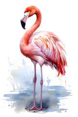 Fototapeta premium pink flamingo standing in water, watercolor bird illustration, isolated clipart for design projects