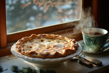 Homemade Apple Pie with Powdered Sugar and Steaming Cup of Tea