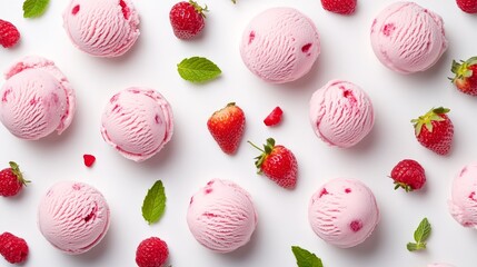 Creative layout made of strawberry ice cream on the white background. Flat lay. Food concept. Macro concept. Vegan ice ream
