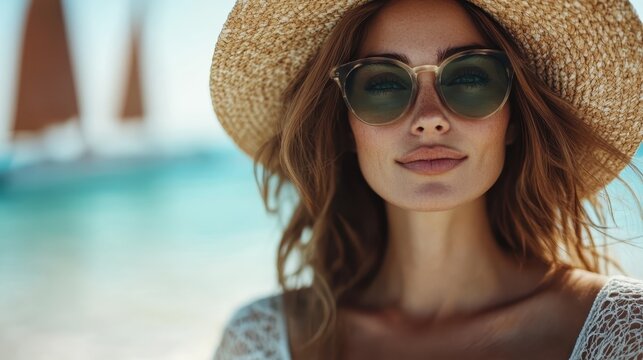 A woman wearing a sunhat and sunglasses poses gracefully by the ocean shore, showcasing a serene and captivating coastal atmosphere on a bright sunny day.