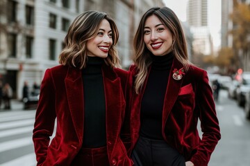 Two Women in Red Velvet Suits Smiling in the City