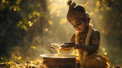 Cute adorable lord Krishna feeding butter with hand in handi at Vrindavan forest, in nature, sunlight