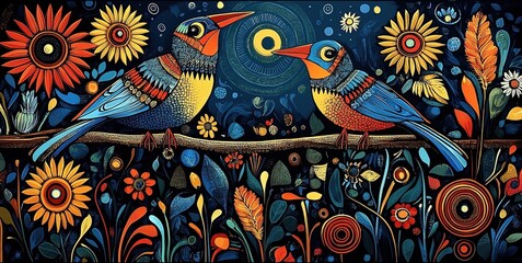 Naklejka premium Artistic representation of birds in an African Ndebele art style, using intricate patterns and vibrant colors to depict them amidst flowers on the ground.