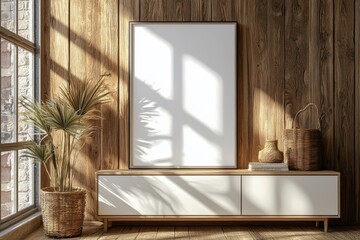 Poster Frame Mockup on Wooden Interior Background created with Generative AI