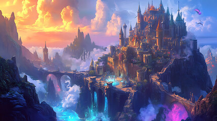 Illustration of vibrant dynamic fantasy castle in an epic mythical setting