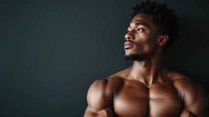 A muscular person poses against a dark background, showcasing their defined body with studio lighting. The image juxtaposes strength and artistry, providing a powerful visual statement.