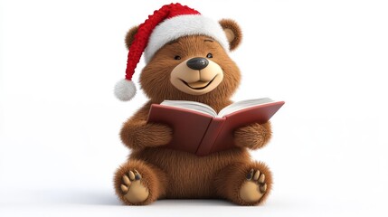 Fototapeta premium A cute plush bear wearing a Santa hat, sitting and reading a book. Perfect for Christmas, holiday decor, children, and festive themes.