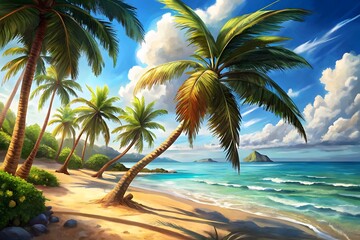 Obraz premium Tropical Paradise Beach Palm Trees Ocean Waves Blue Sky Sunshine