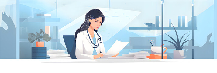 Hardworking GP Nurse Engrossed in Patient Files at Her Desk in a Medical Clinic