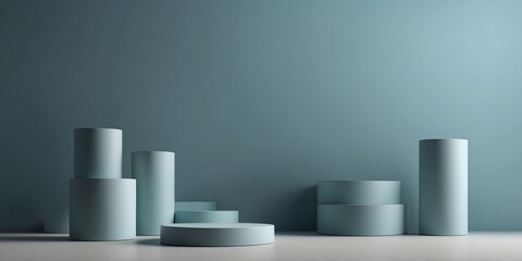 cyan color minimal concept cylinder pedestal or podium for product showcase display on empty background.