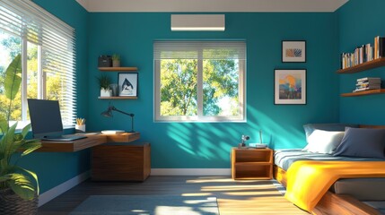 Modern bedroom with teal walls, wooden furniture, and a window with a view.