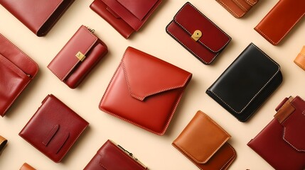 A collection of stylish leather purses arranged artfully on a light solid color background