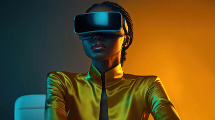 Fashion woman wearing a virtual reality headset, dressed in a yellow outfit, in a futuristic setting. Innovative technology and immersive experience concept